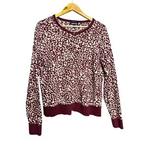 Lands End Cardigan Sweater Women‎ L Burgundy Leopard Animal Print Casual Work